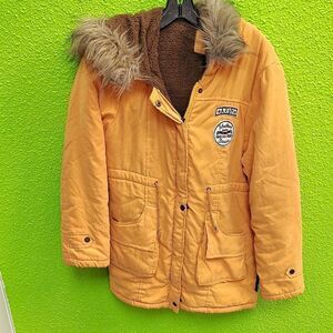 Orange and Brown Puffer Jacket with Faux Fur Collar